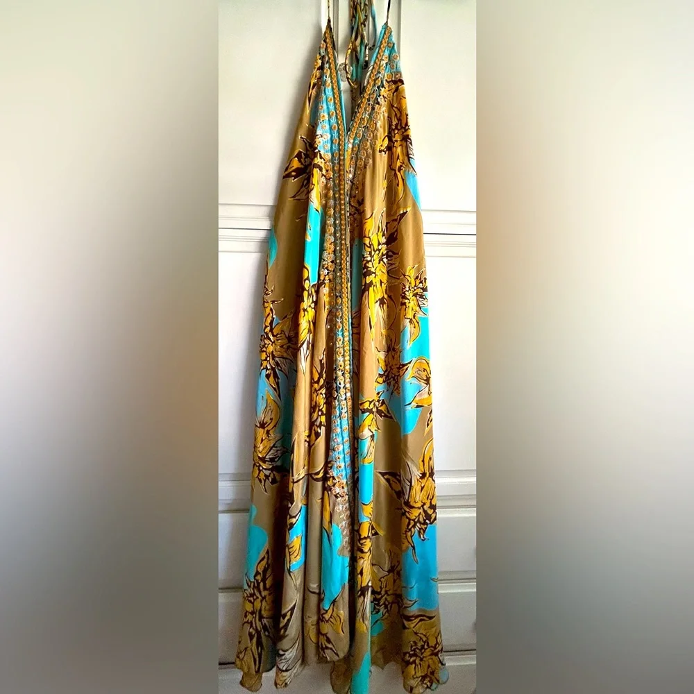 🧡🩵Karma Highway Boho Embellished Mirror Work Halter Maxi Dress Floral OS 🤎🪞 - Picture 9 of 10